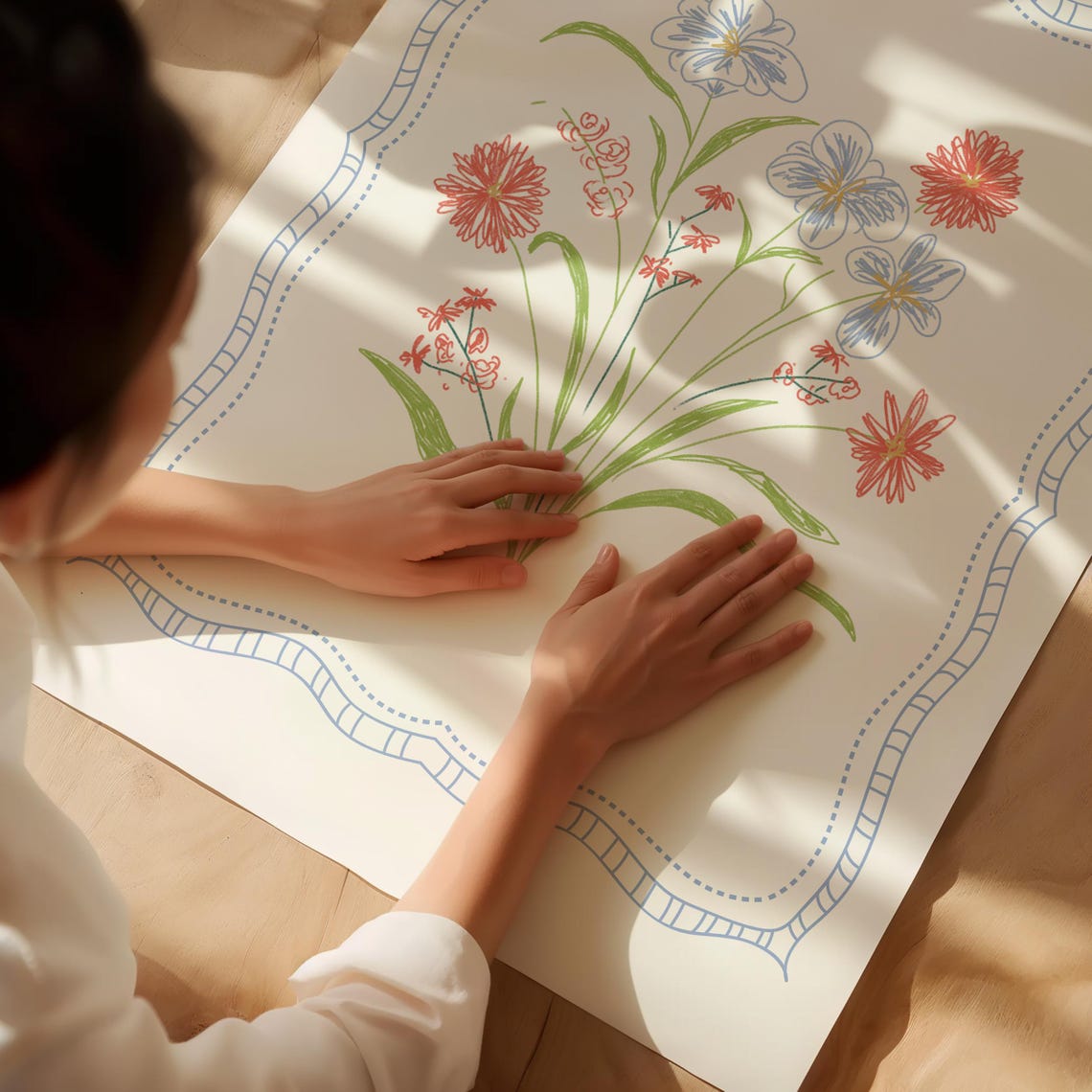 Red Gerbera Daisy Blue Blossom Wildflower Bouquet Line Art Poster