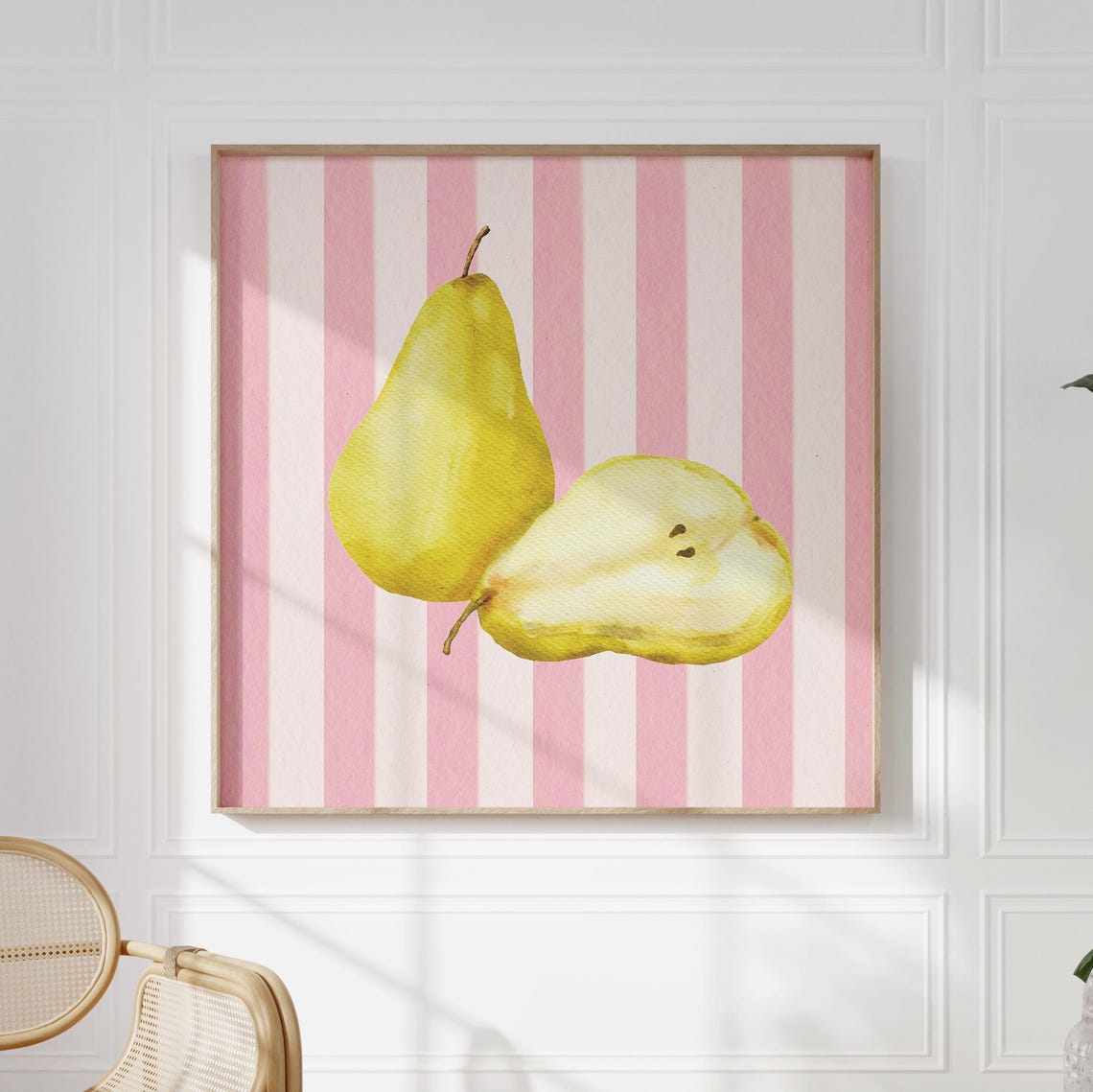 Watercolor Yellow Pear Duo on Pink Striped Background Poster - Image 2