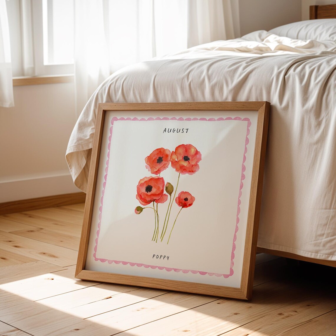 August Poppy Watercolor Birth Month Flower Pink Border Art Poster - Image 3