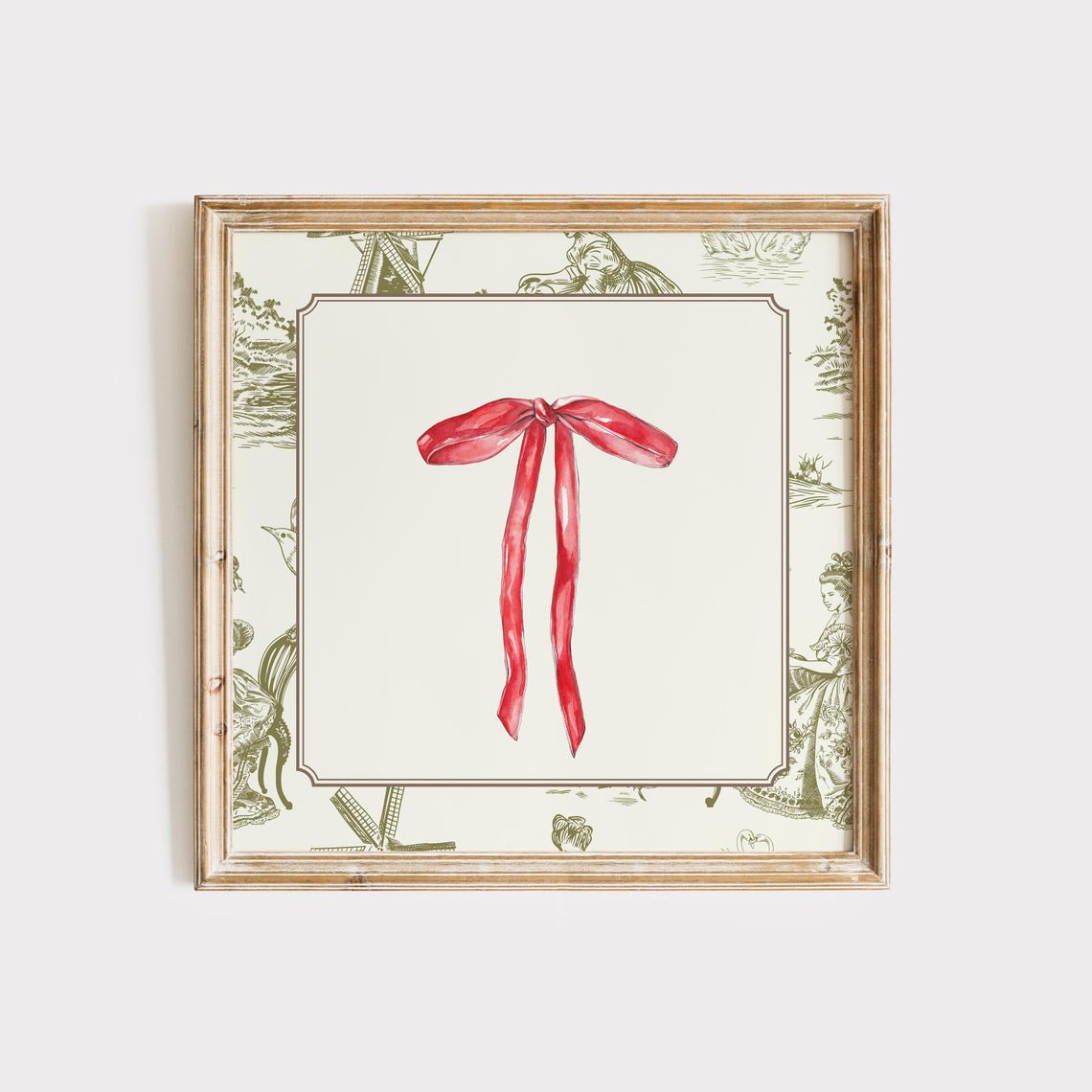 Green Toile Border Red Ribbon Bow Watercolor Minimalist Holiday Poster