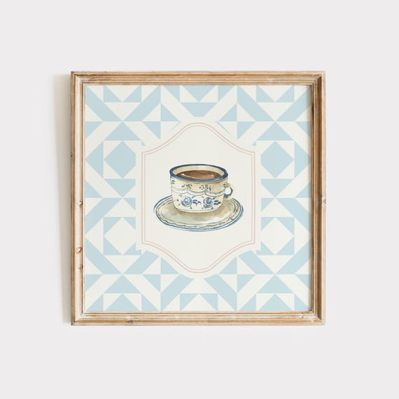 Coffee With Grandma Wall Art Kitchen Living Room Art Blue Thin Line Print Nursery Square Art
