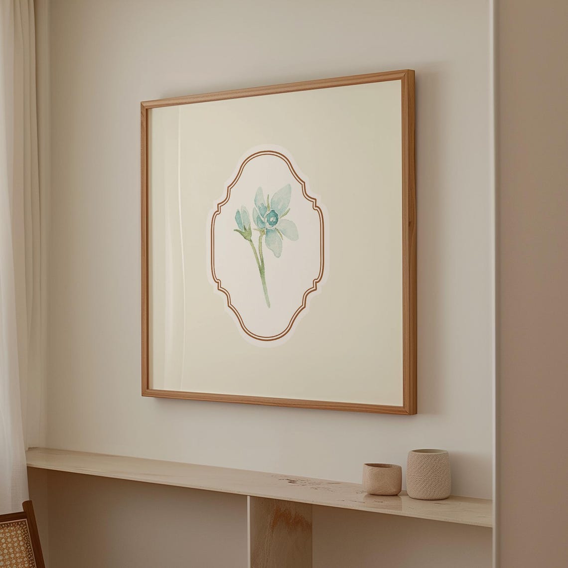 Cream Minimal Blue Flower Watercolor Poster Botanical Nursery Decor - Image 2
