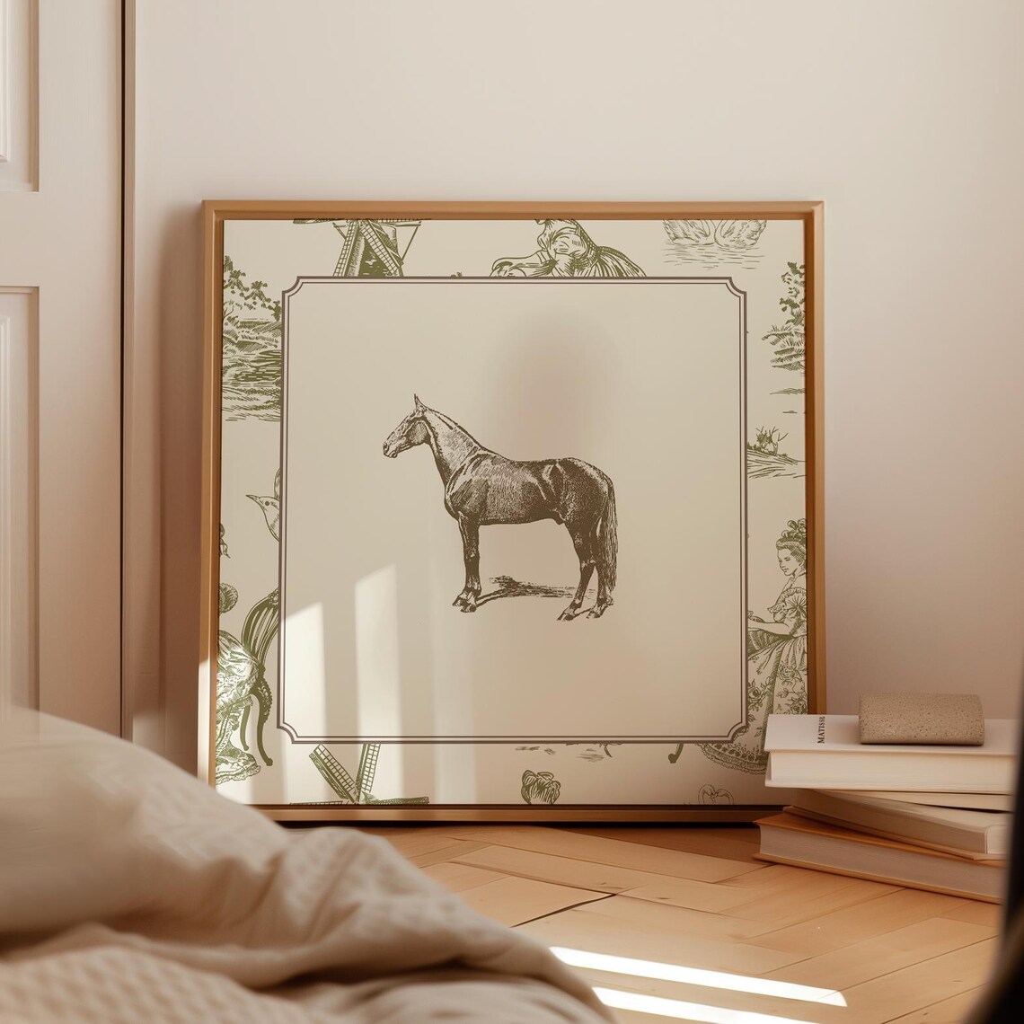 Vintage Green Toile Horse Art Print, Cottage Decor - Image 2