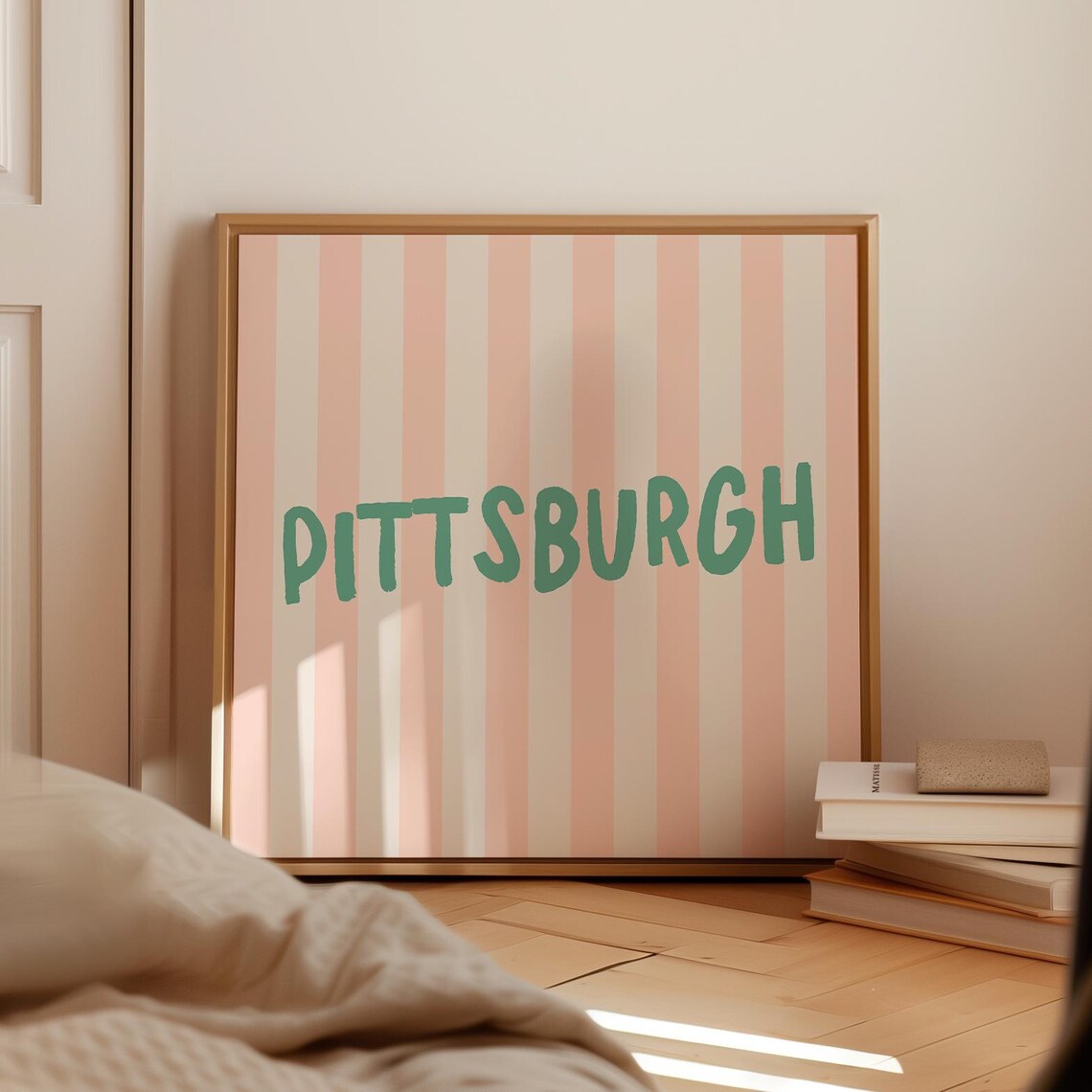 Pittsburgh Green Hand Lettered Pink Striped Square City Name Poster