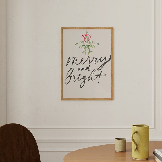 Merry and Bright Christmas Script Mistletoe Watercolor Poster