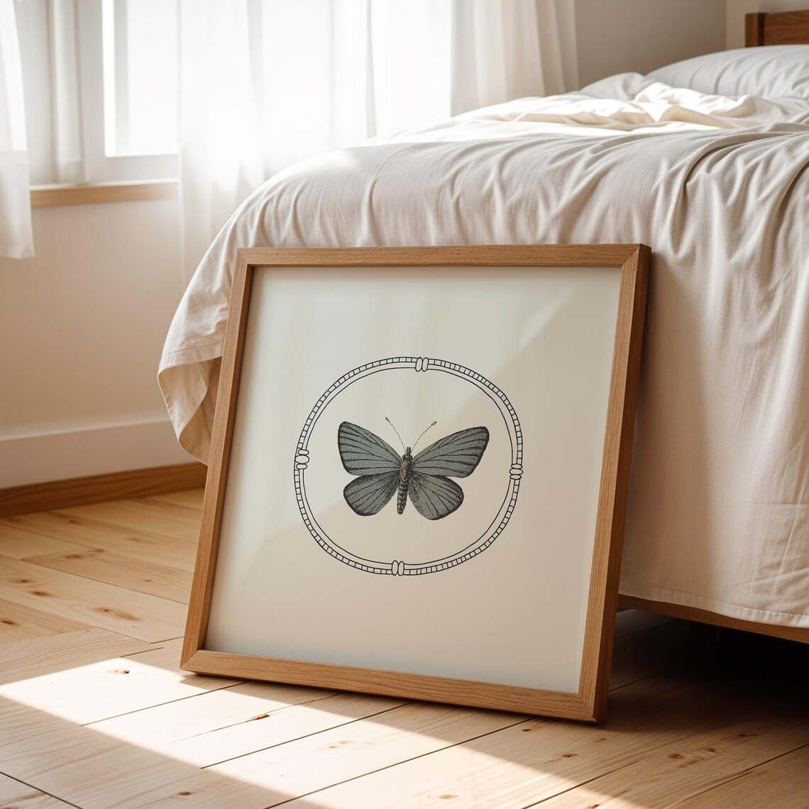 Gray Butterfly Vintage Oval Line Frame Illustration Art Print - Image 2