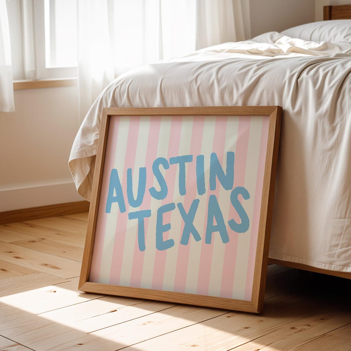 Austin Texas Blue Hand Lettered Pink Striped Square City Name Poster - Image 2
