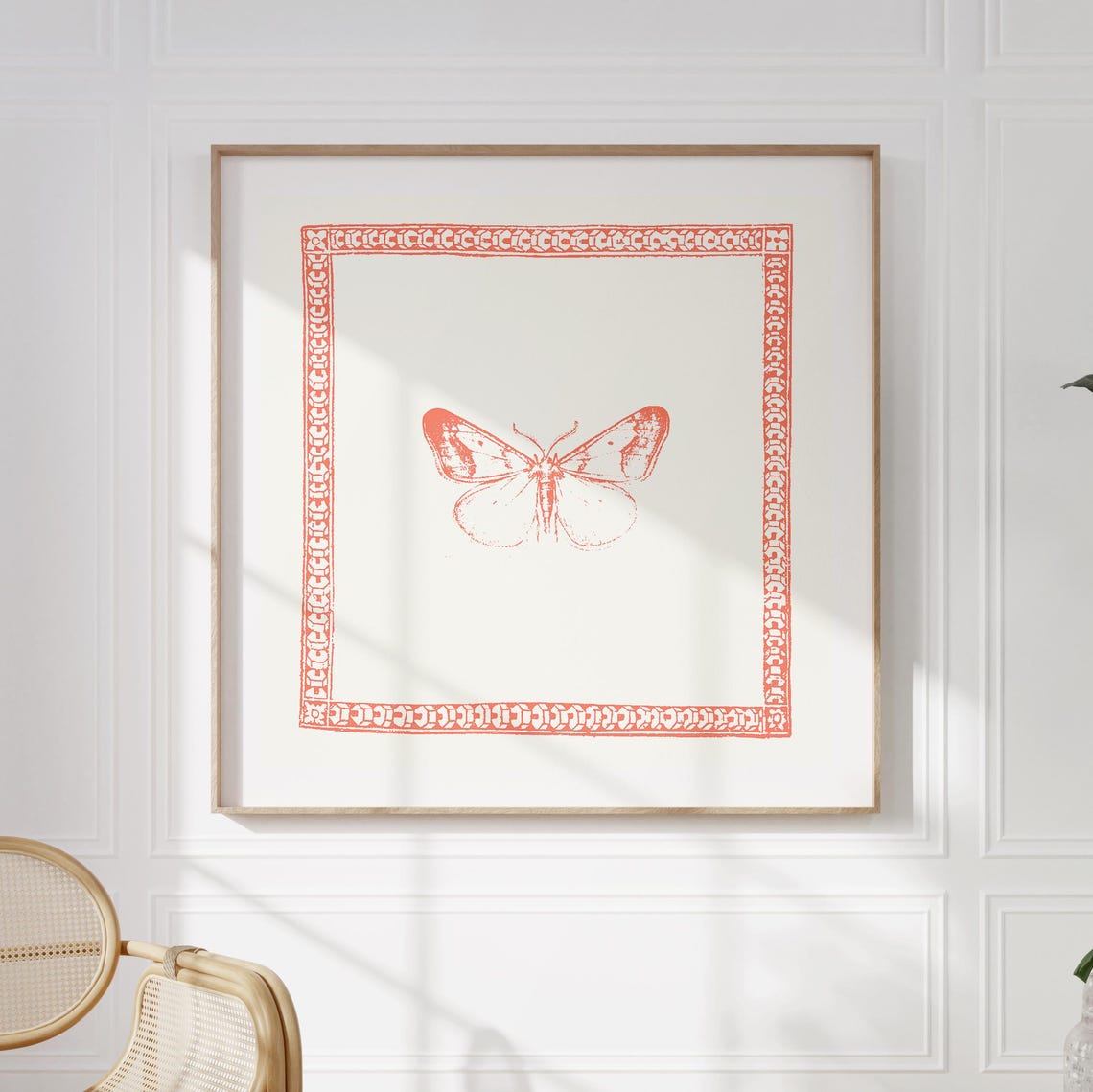 Minimalist Red Line Butterfly With Ornate Border Square Art Print - Image 3
