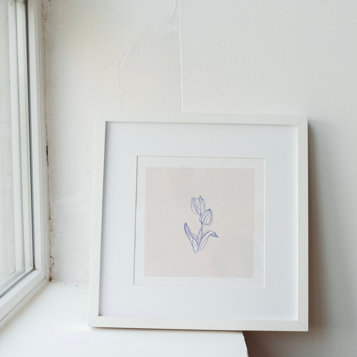 Blue Thin Line Tulip Sketch Cream Background Minimalist Print - Image 2