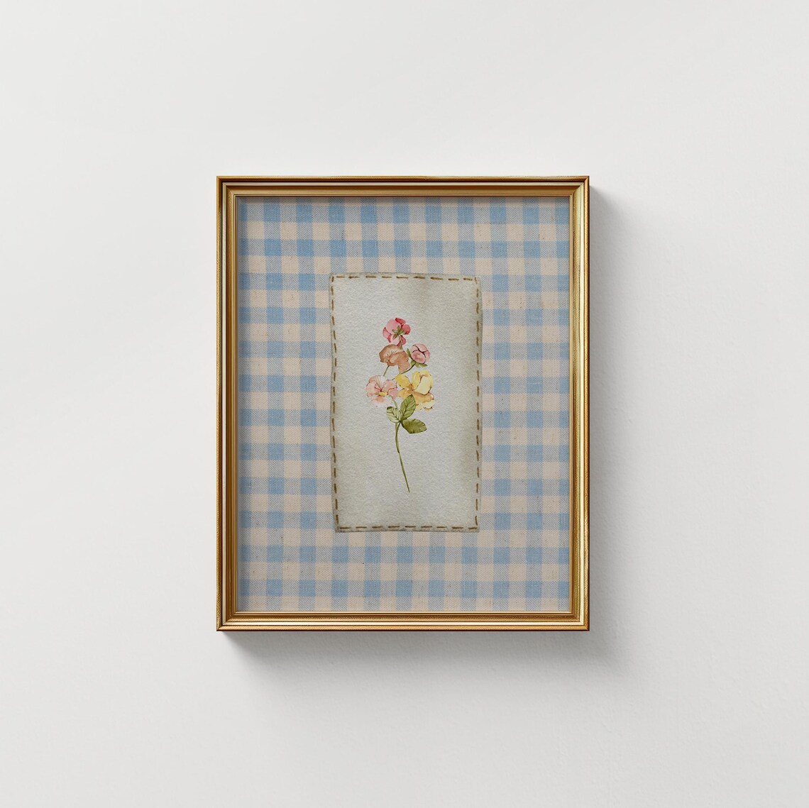 Blue Gingham Flower Print, Vintage Floral Nursery Decor - Image 2
