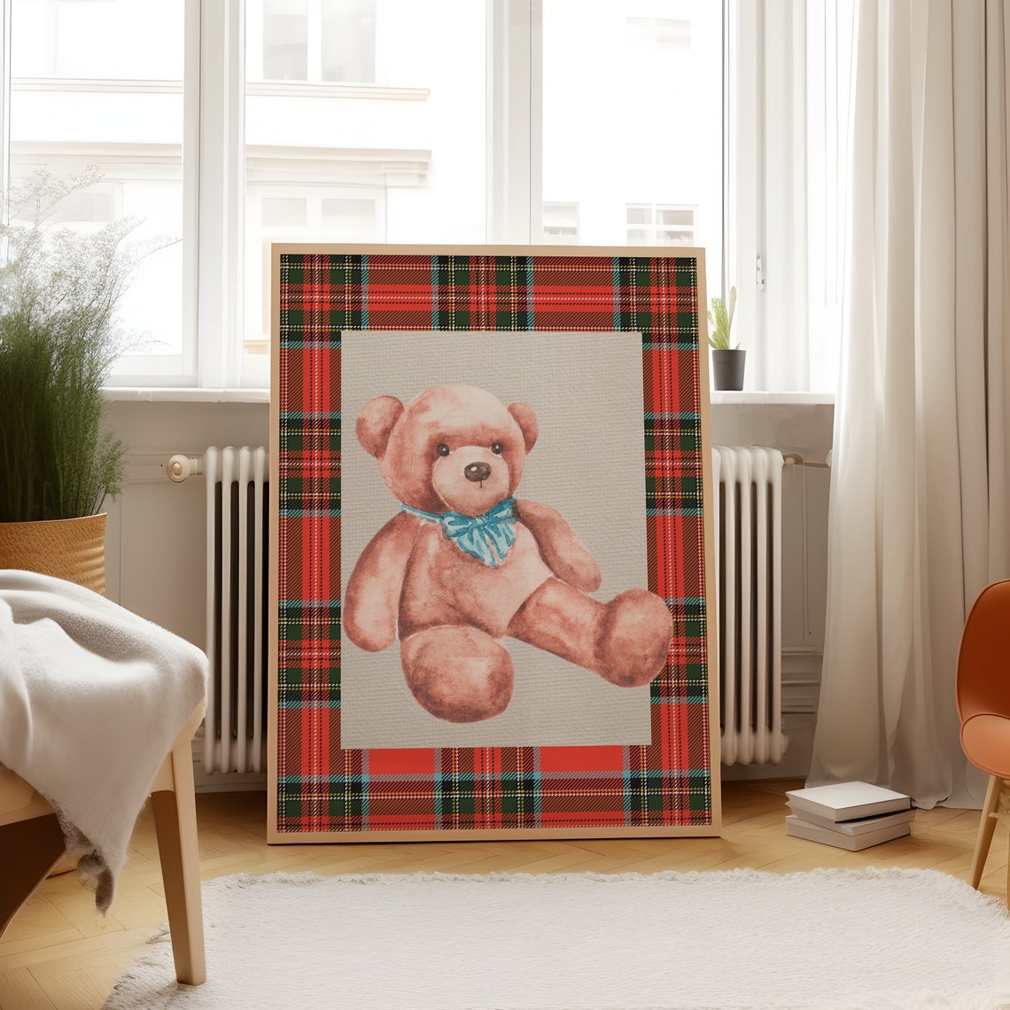 Watercolor Teddy Bear Blue Scarf Red Plaid Border Nursery Poster - Image 2