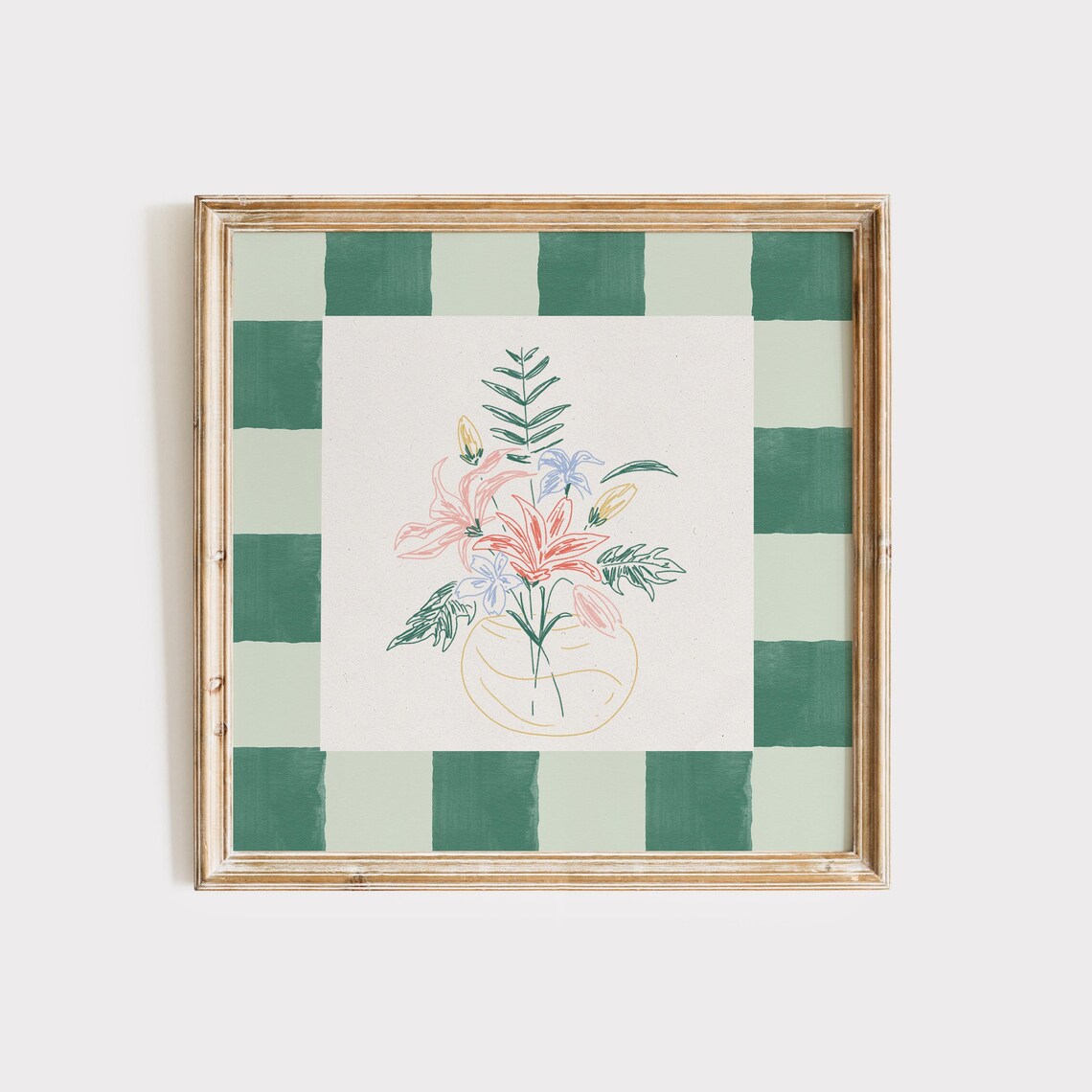 Checker Wildflower Doodle Art Print, Cottage Nursery Decor