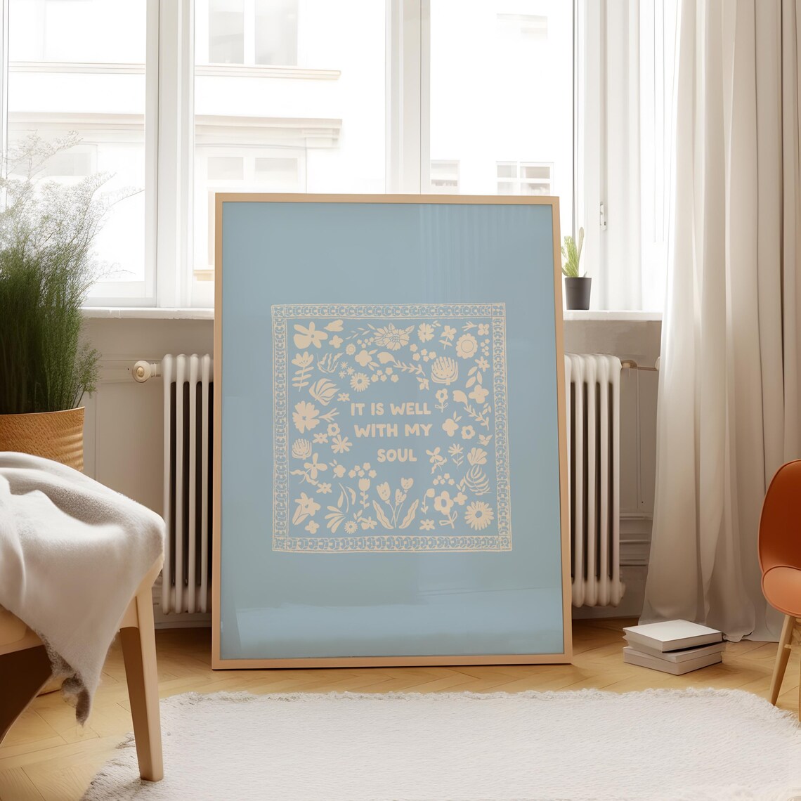 It Is Well With My Soul Cream Folk Quote Sky Blue Wall Art Print - Image 4
