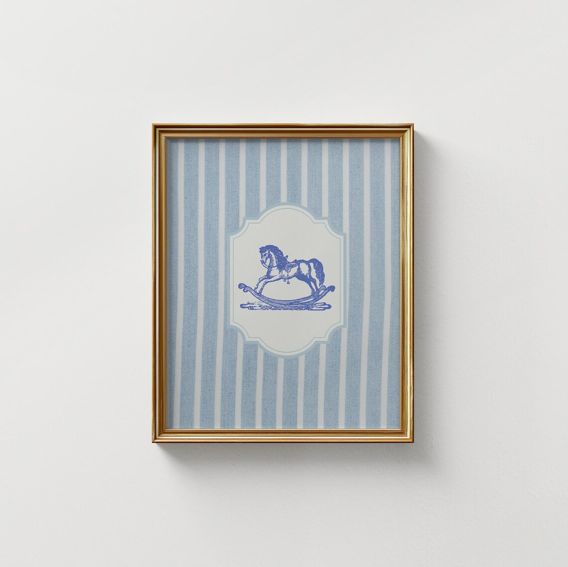 Classic Vintage Blue Rocking Horse on Striped Baby Nursery Wall Art - Image 3