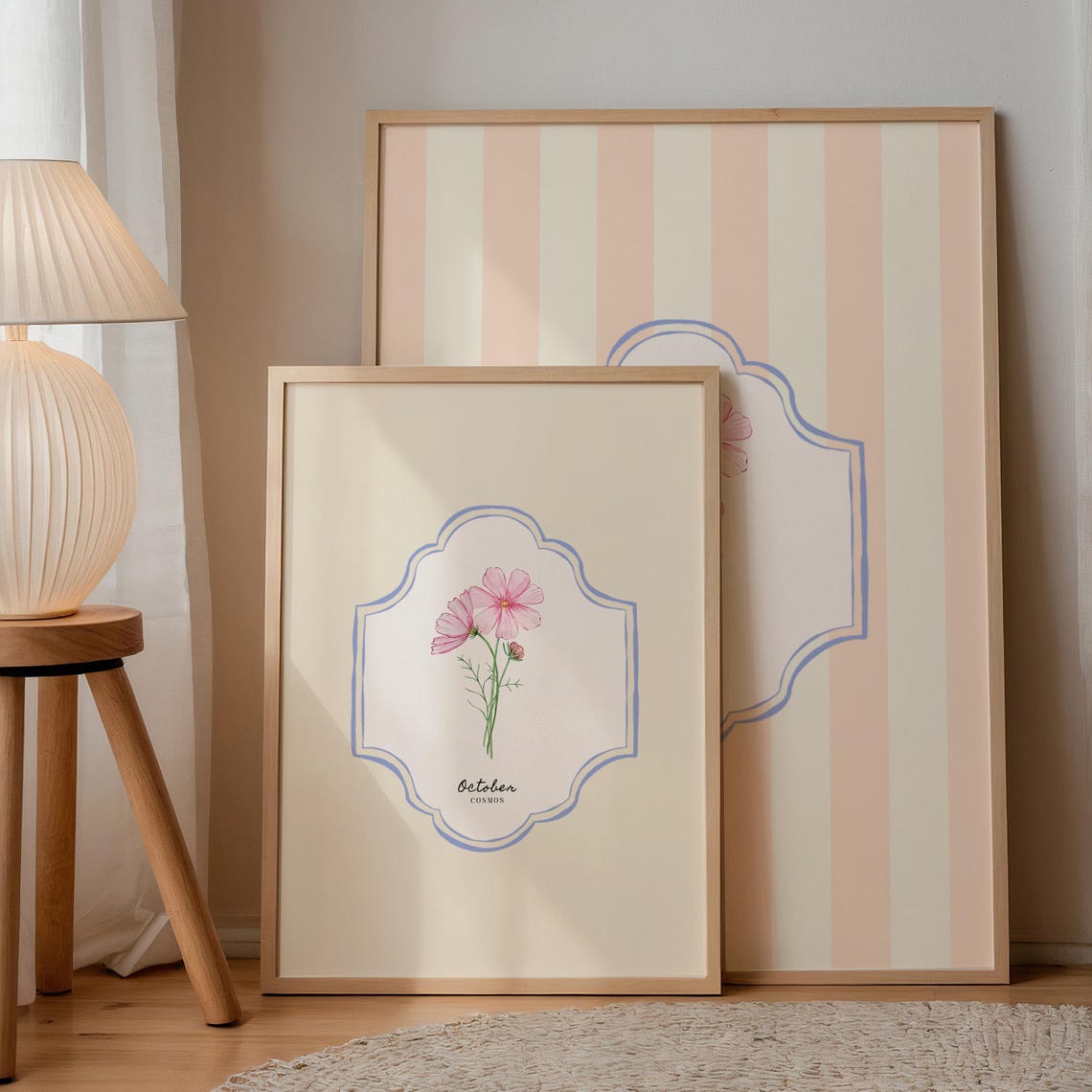 October Cosmos Birth Flower Botanical Cream Vintage Art Print - Image 2