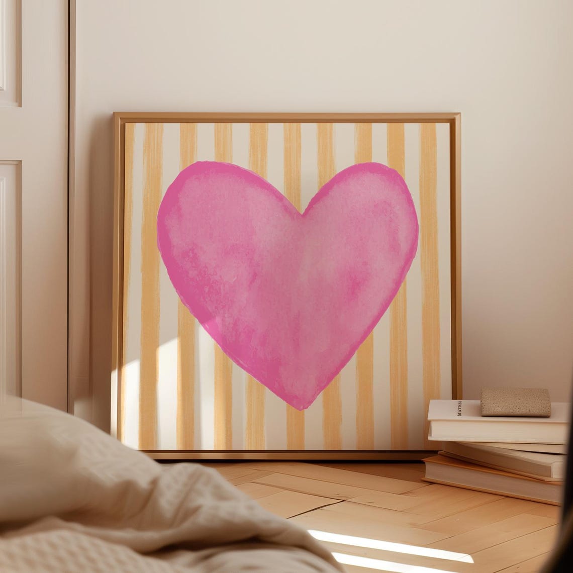 Pink Watercolor Heart Peach Striped Background Nursery Art Poster - Image 4