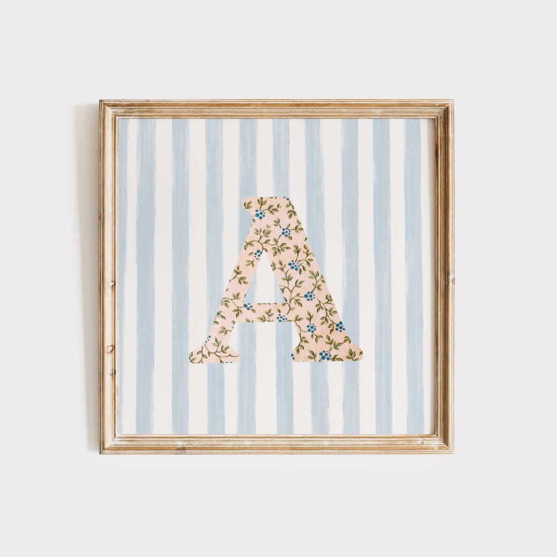 Floral Letter A Initial on Blue Striped Nursery Monogram Poster - Image 2