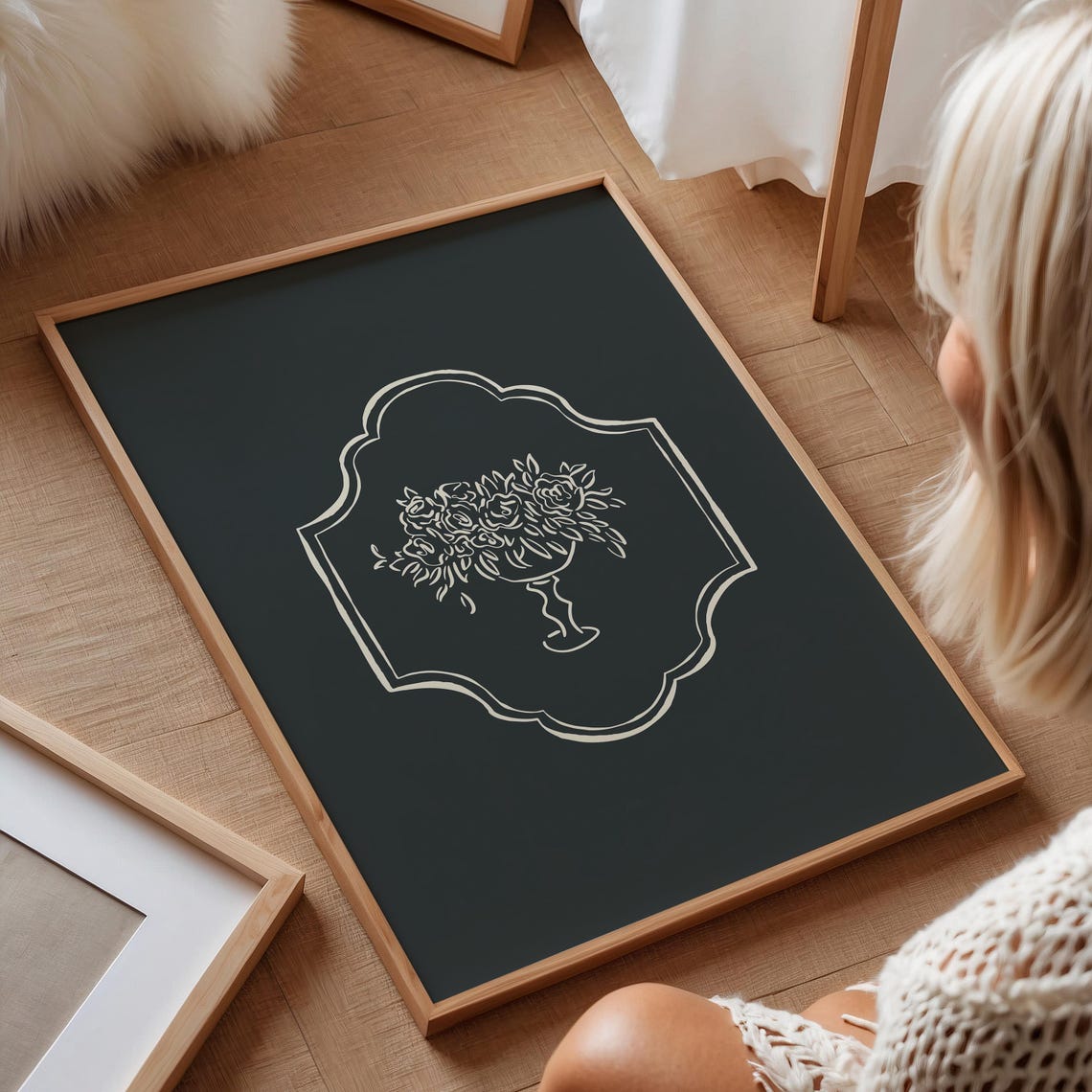 Cream Floral Urn Crest Line Art Charcoal Black Moody Botanical Poster - Image 3