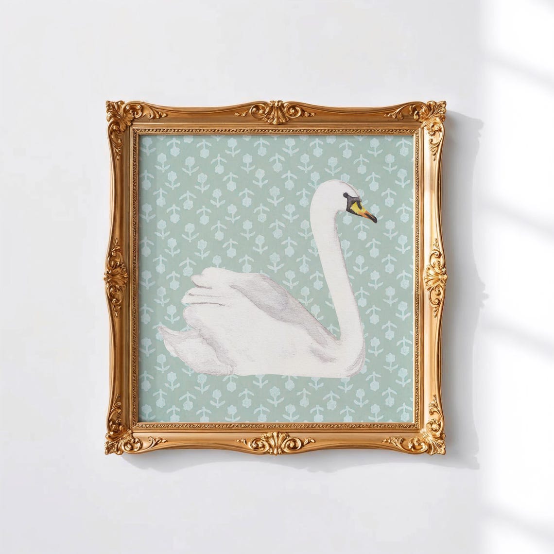 White Swan Sage Green Block Print Vintage Nursery Wall Art Poster