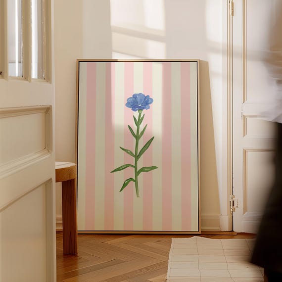 Pink Striped Floral Illustration Art Print, Nursery Decor