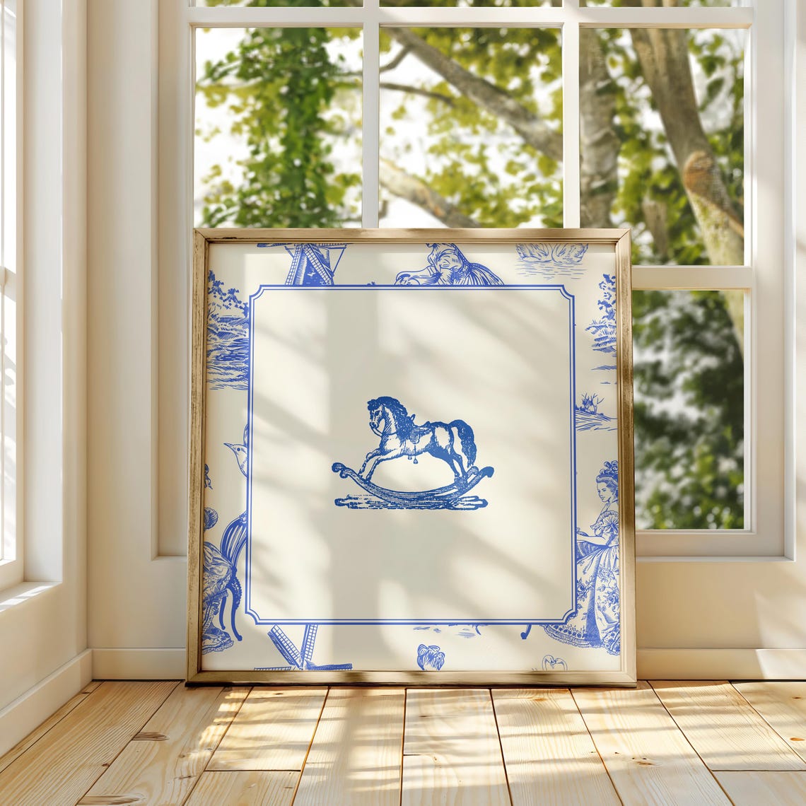 Blue Toile Border Vintage Rocking Horse Engraving Nursery Poster - Image 2