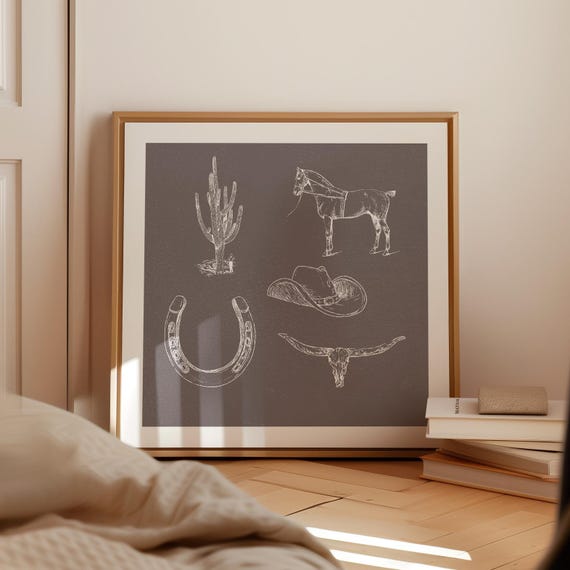Rustic Western Cowboy Print Wall Art Kitchen Living Room Art Square Print
