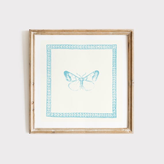 Vintage Baby Blue Minimal Butterfly Square Print Wall Art Kitchen Living Room Art Blue Thin Line Print