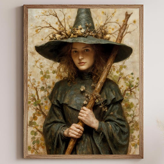 Antique Witch Wall Art Mystical Folklore Oil Painting Print Vintage Halloween Decor Rustic Farmhouse Illustration
