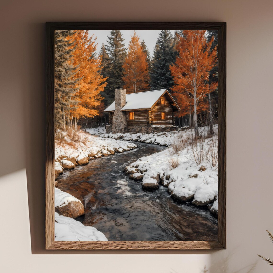 Wooden Cabin By Creek, Autumn Winter Landscape Poster