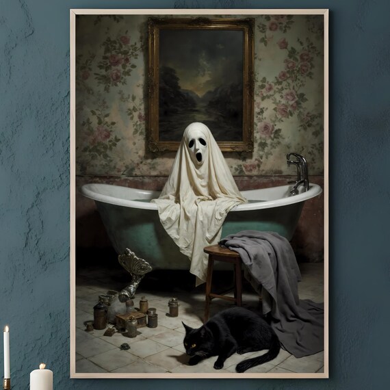 Bathroom Wall Art Vintage Haunted Tub Painting Gothic Cat Portrait Print Dark Halloween Oil Horror Home Decor