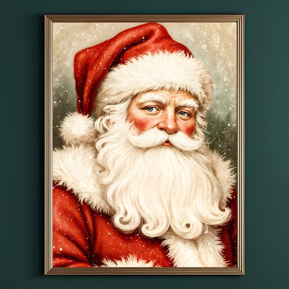 Santa Claus Portrait Blue Eyes Red Suit Snowy Christmas Art Poster