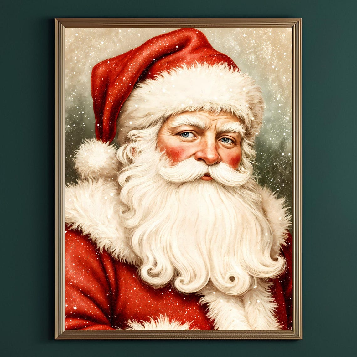 Santa Claus Portrait Blue Eyes Red Suit Snowy Christmas Art Poster