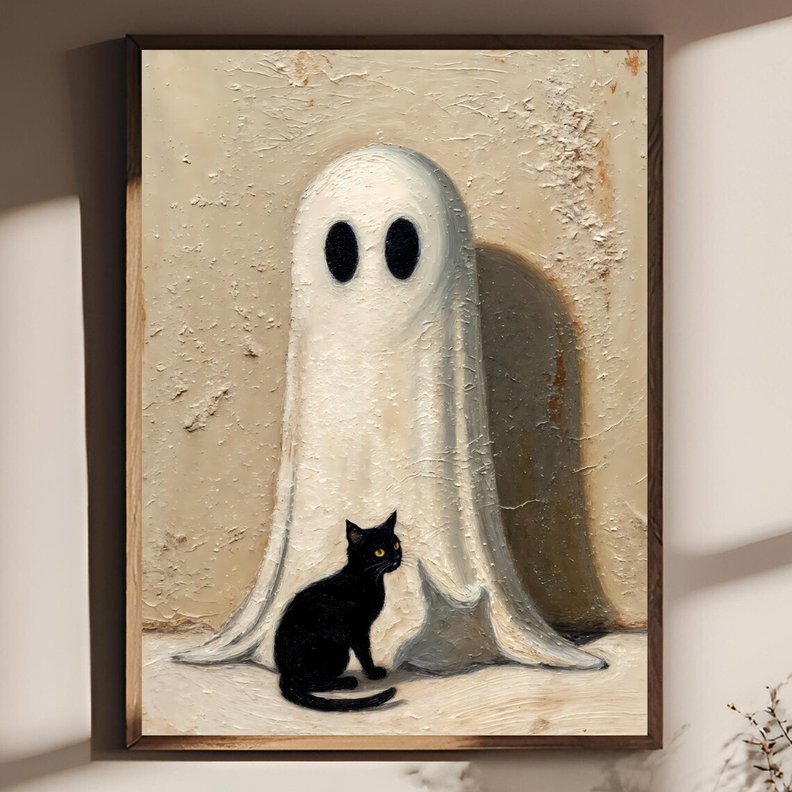 Halloween Cat Poster Oil Painting Style Whimsical Cozy Wall Art Vintage Rustic Canvas Print