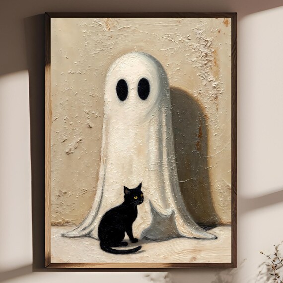 Halloween Cat Poster Oil Painting Style Whimsical Cozy Wall Art Vintage Rustic Canvas Print