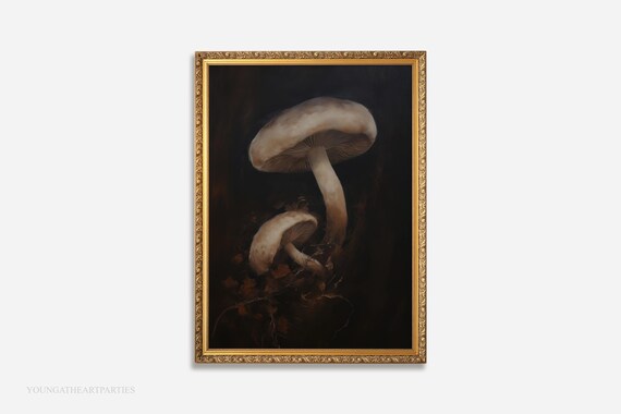 Vintage Moody Mushroom Oil Painting Dark Botanical Forest Wall Art