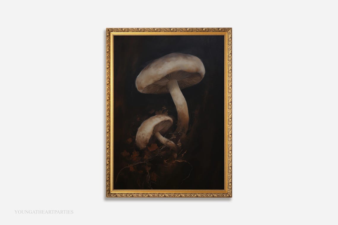 Vintage Moody Mushroom Oil Painting Dark Botanical Forest Wall Art