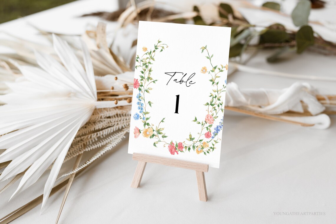 Wildflower Table Numbers Wedding Reception Floral Sign Print