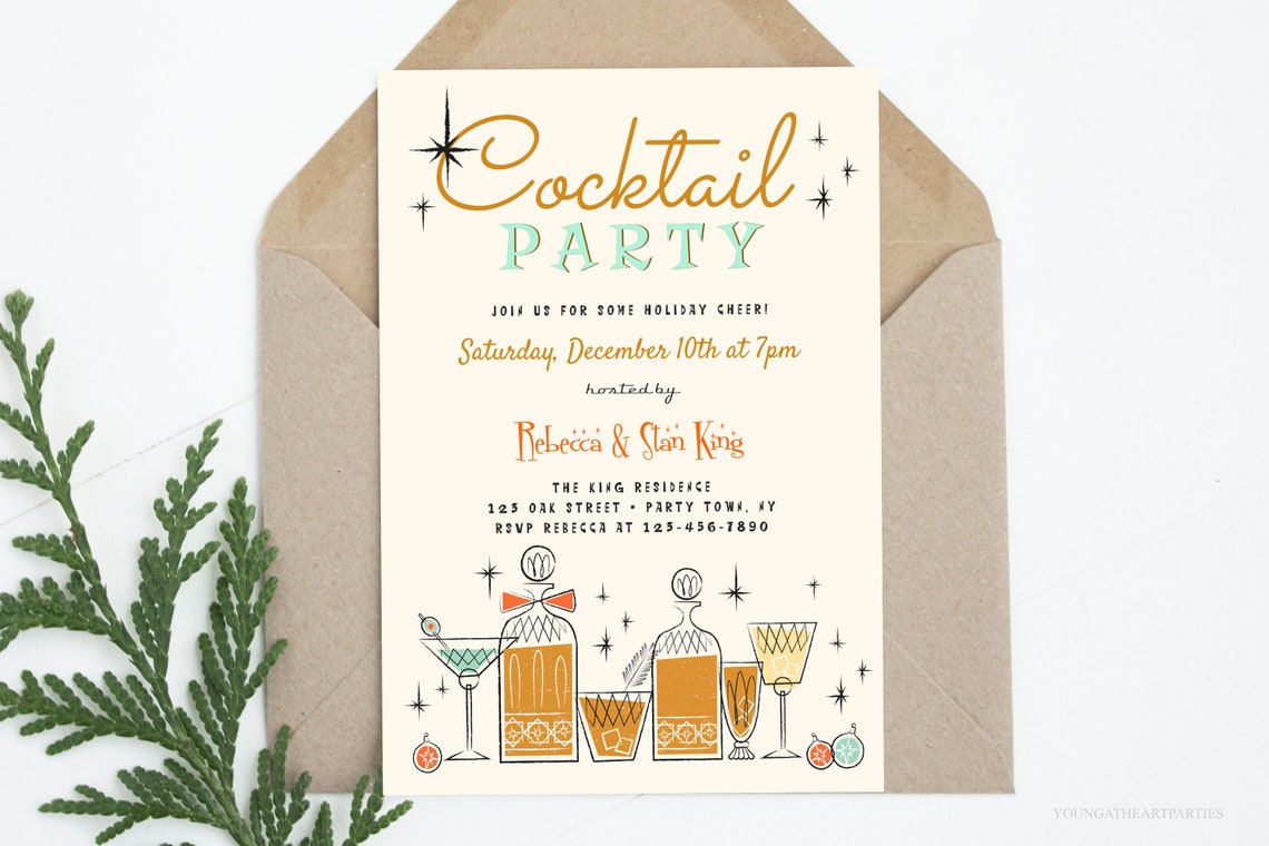Retro 1950s Christmas Cocktail Party Invitation Template Print