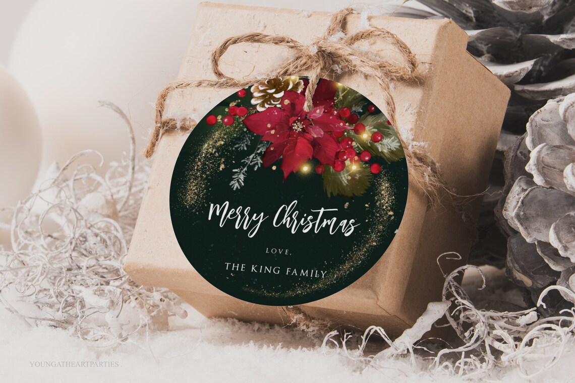 Round Poinsettia Merry Christmas Favor Tag Gold Green Holiday Print