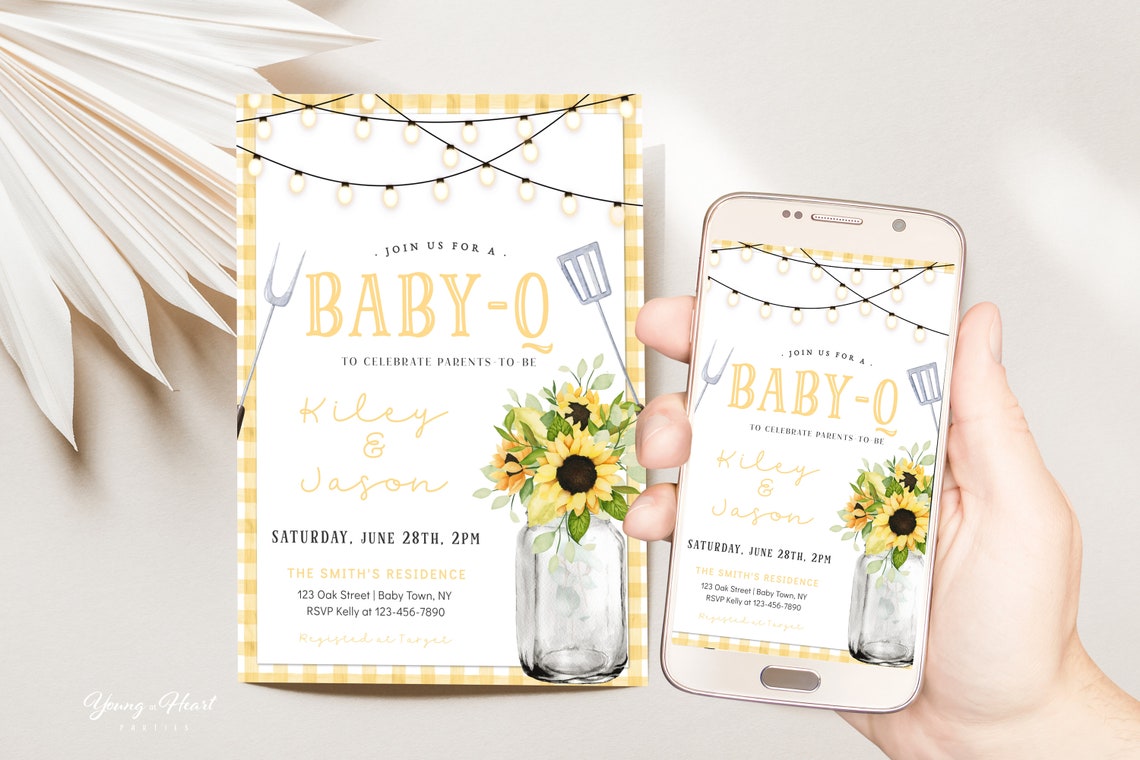 Yellow Gingham Baby Q Shower Invitation Sunflower Mason Jar Print - Image 5