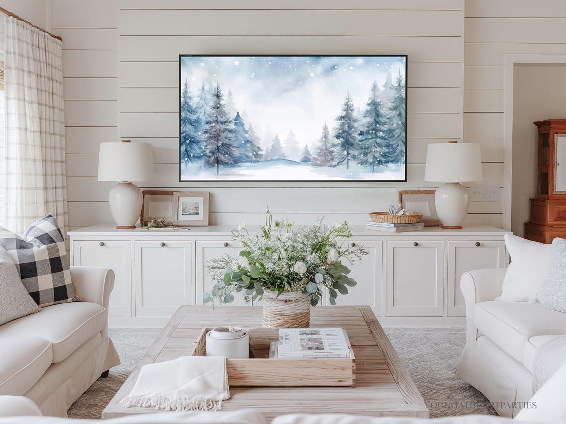 Blue Winter Forest Watercolor Snowy Pines Holiday Frame TV Wall Art - Image 3