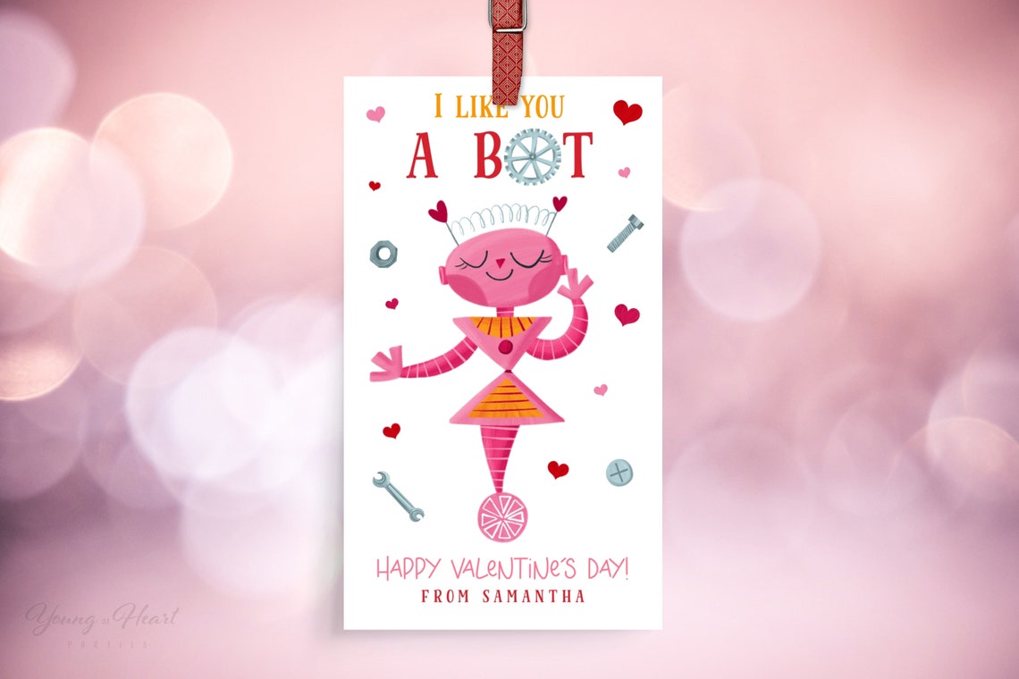 Kids I Like You A Bot Pink Robot Valentines Day Gift Tag Print