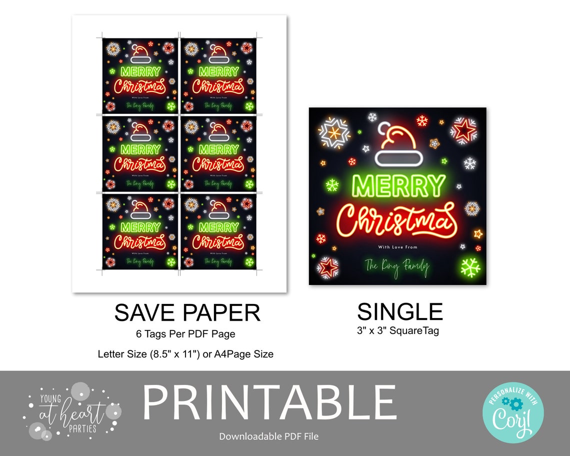 Neon Merry Christmas Gift Tag Black Background Glowing Holiday Print - Image 2