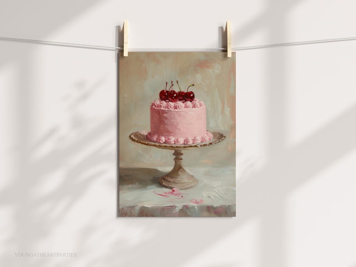 Cherry Cake Oil Painting Art Print Coquette Cake Art Print Trendy Cute Pink Wall Art Vintage Coquette Cake Food Illustration Painting - Image 5