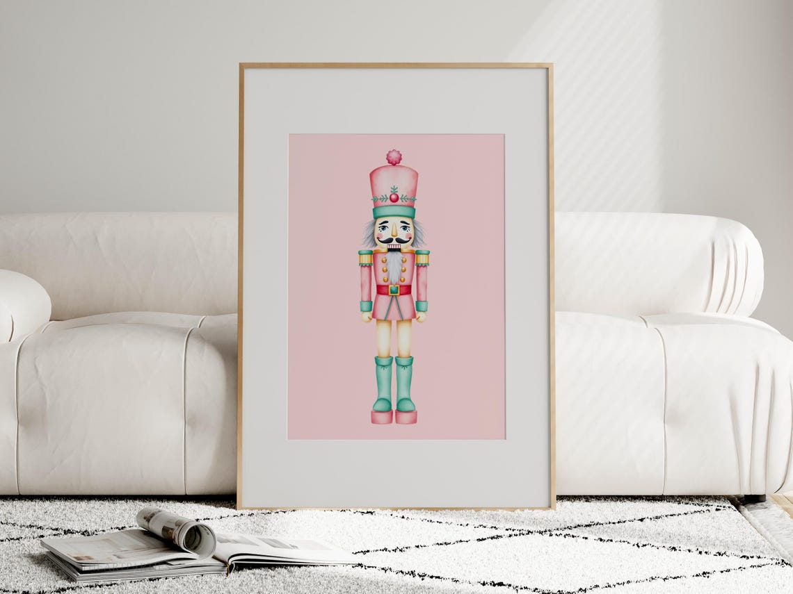 Pastel Pink Mint Nutcracker Christmas Art Print Holiday Wall Decor - Image 3