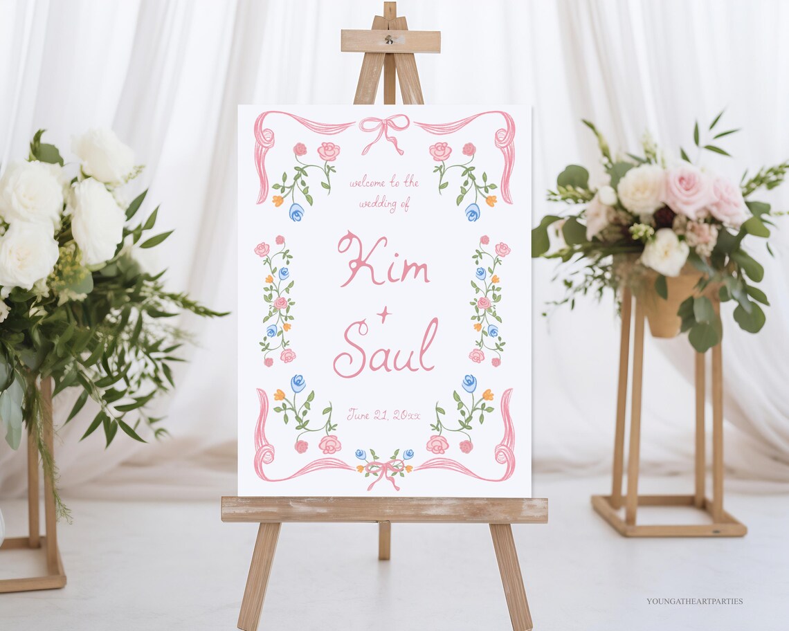 Whimsical Pink Floral Garden Wedding Welcome Sign Template Print - Image 4