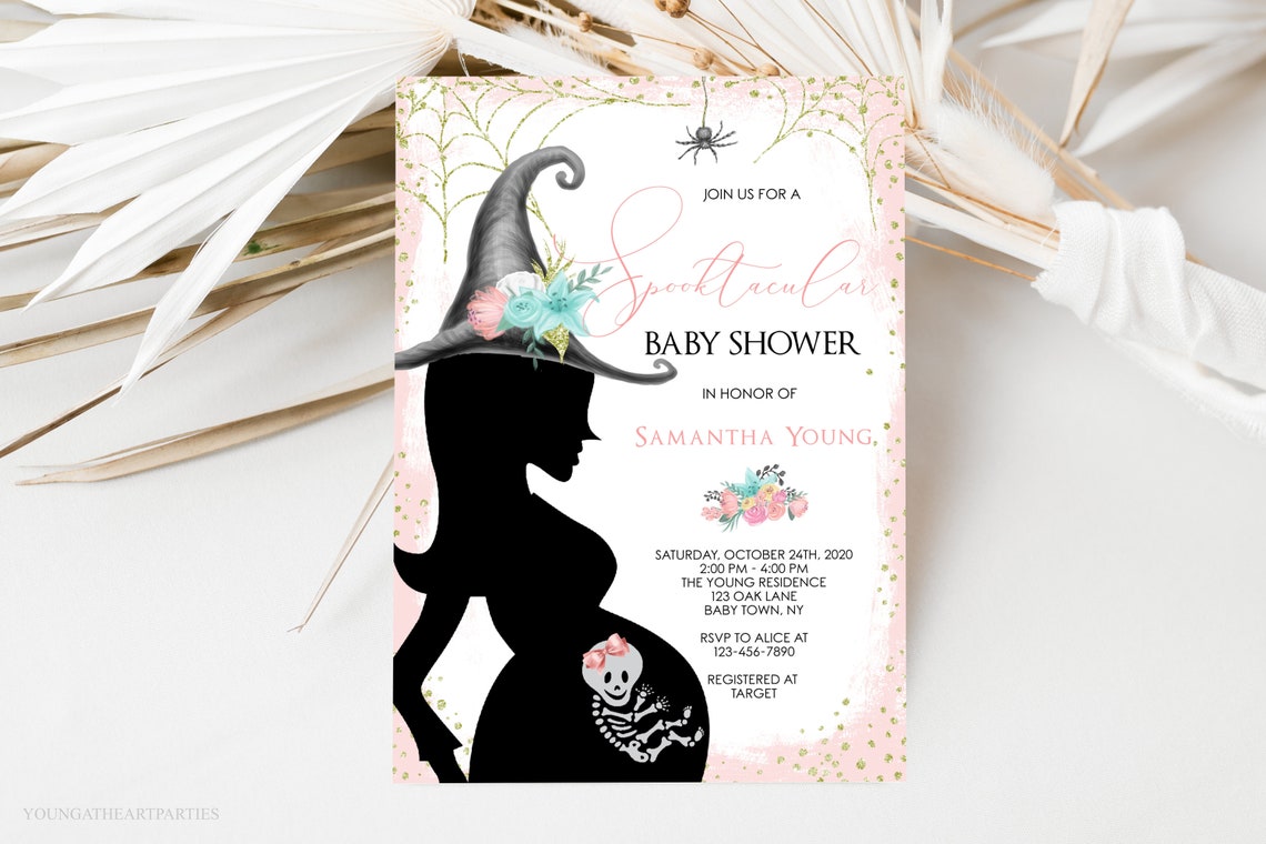 Spooktacular Pink Halloween Baby Shower Invitation Witch Print