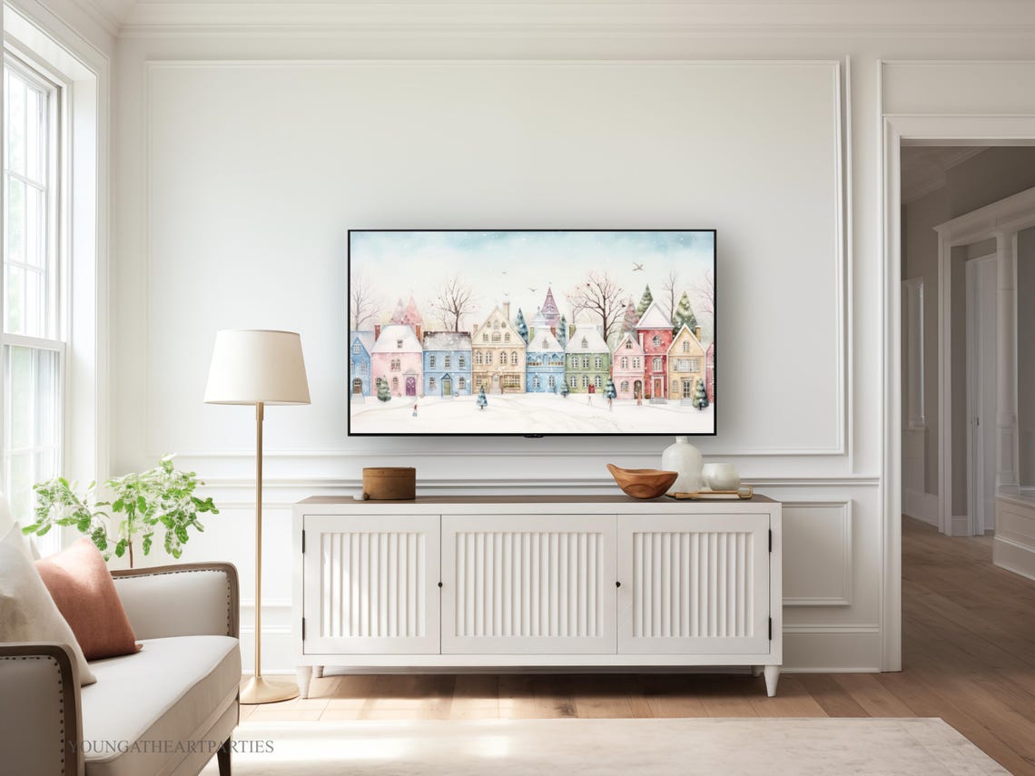 Christmas Frame Tv Art Cozy Pastel Christmas Village Homes Christmas Art Oil Painting Snowy Small Town Street Holiday Wall Decor Xmas - Image 5