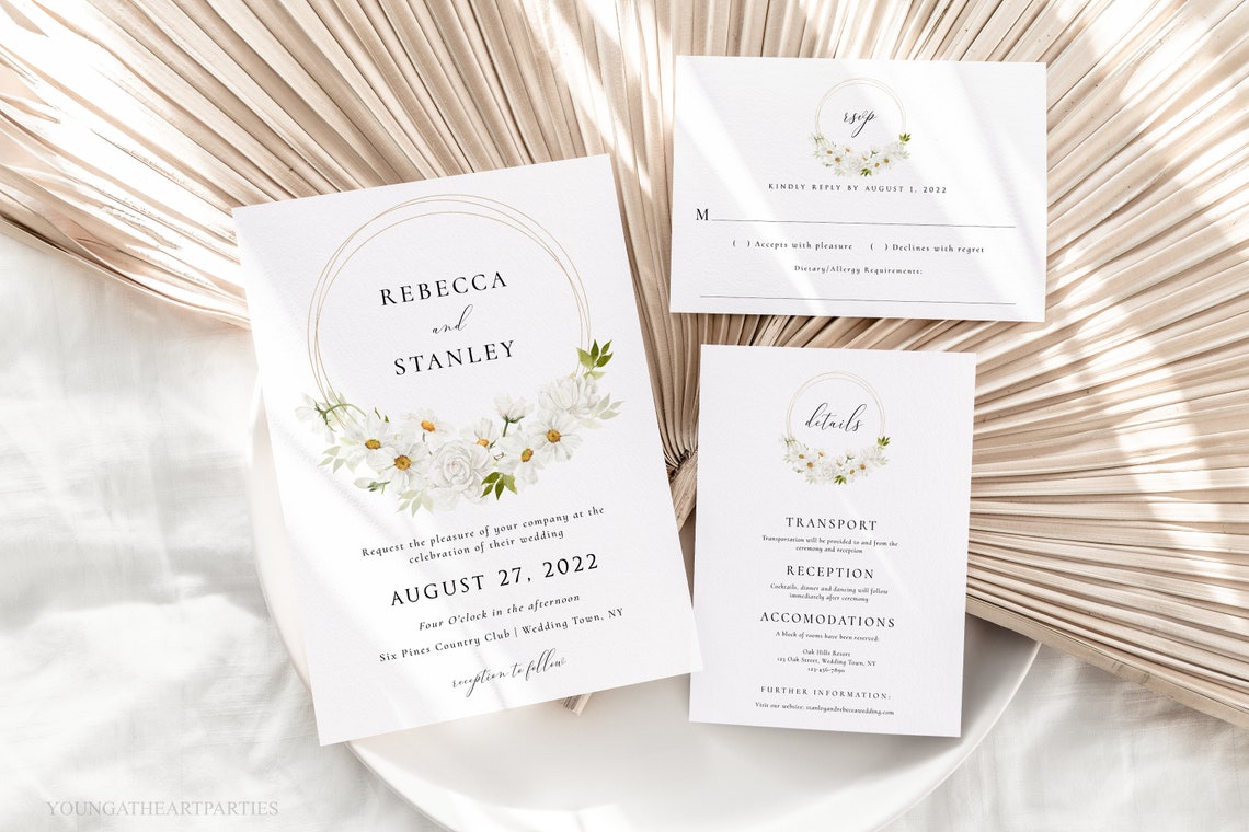 Rebecca and Stanley White Floral Wedding Invitation Suite Print