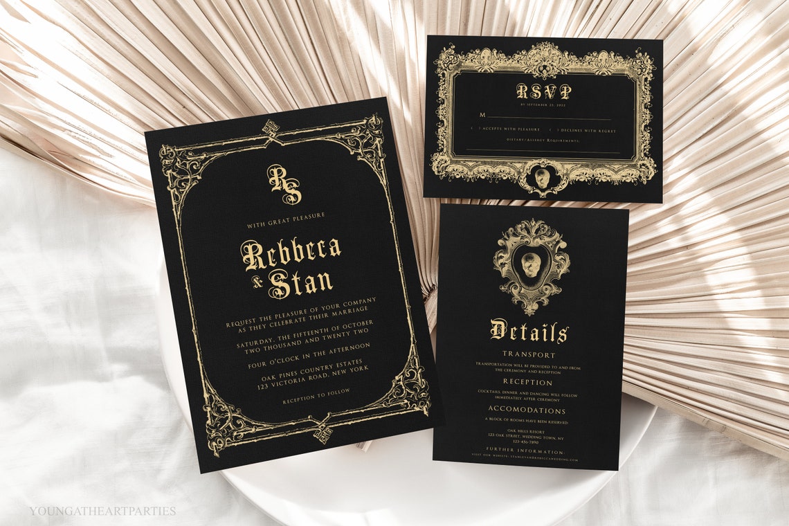 Rebeca and Stan Gothic Black Gold Wedding Invitation Suite Print